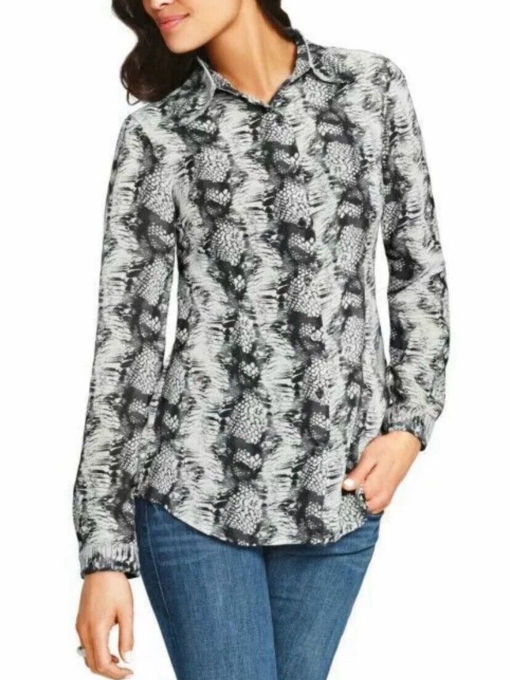 CAbi Black and White Snake Print Semi-sheer Blouse Sz S